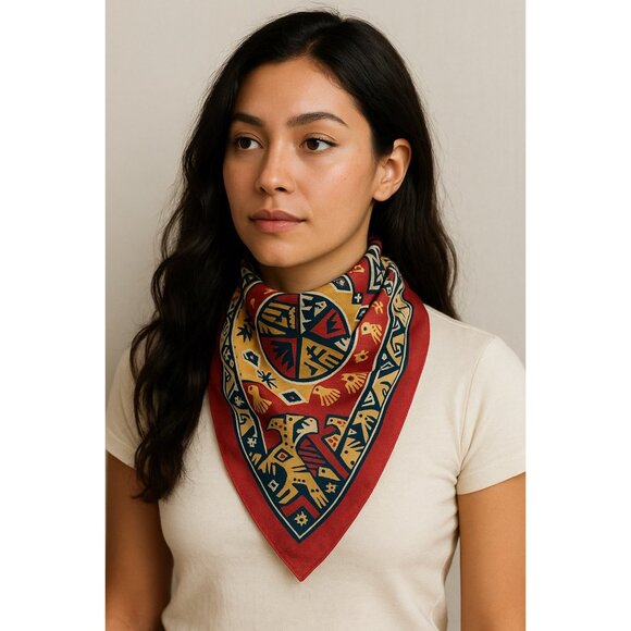 Vintage Wamcraft Southwestern Eagle Bandana Red Blue Beige Made in USA RN14193 - Picture 3 of 3